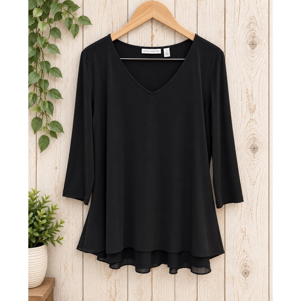 Susan Graver Black Liquid Knit V-Neck Tunic 3/4 Sleeve Layered Hem Top Large